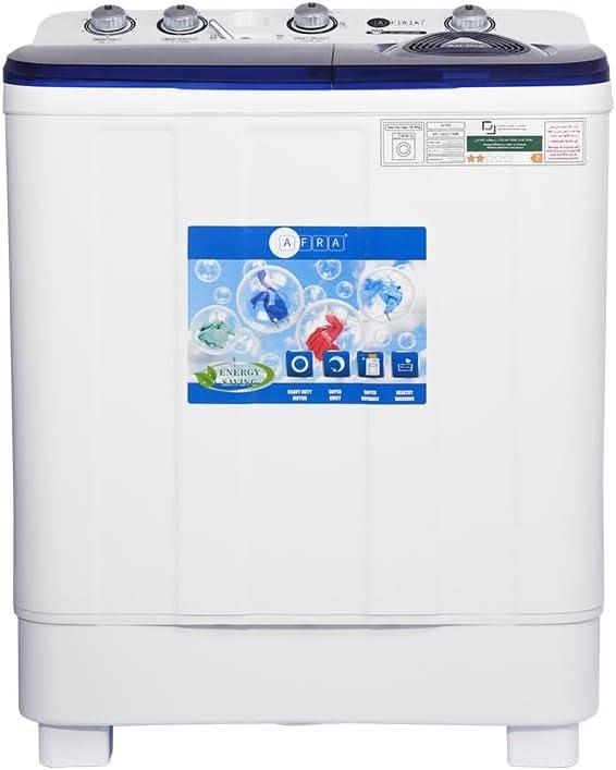 AFRA Twin Tub Washing Machine 10kg Capacity, Air Dry Function, Pulsator, Collars and Cuff Washboard, White and Blue - AF-1002TTWB