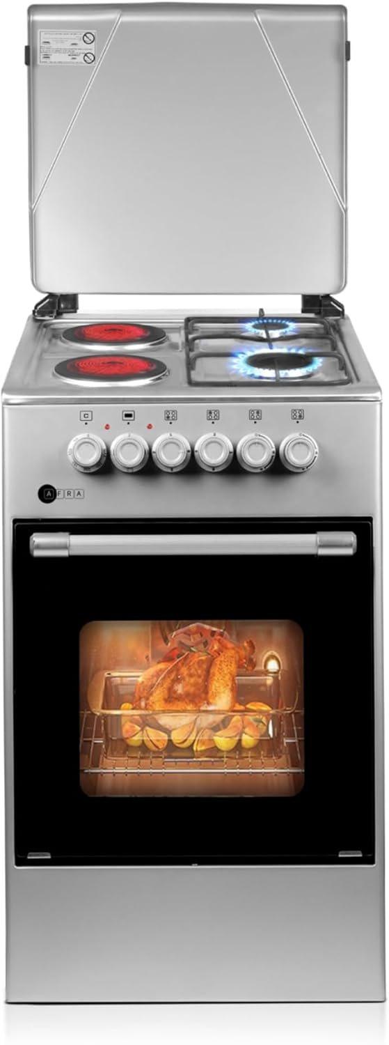 AFRA Free Standing Cooking Range, 50x50, Gas and Electric Burners, Stainless Steel, Compact, Adjustable Legs, Temperature Control, AF-5050CRHG