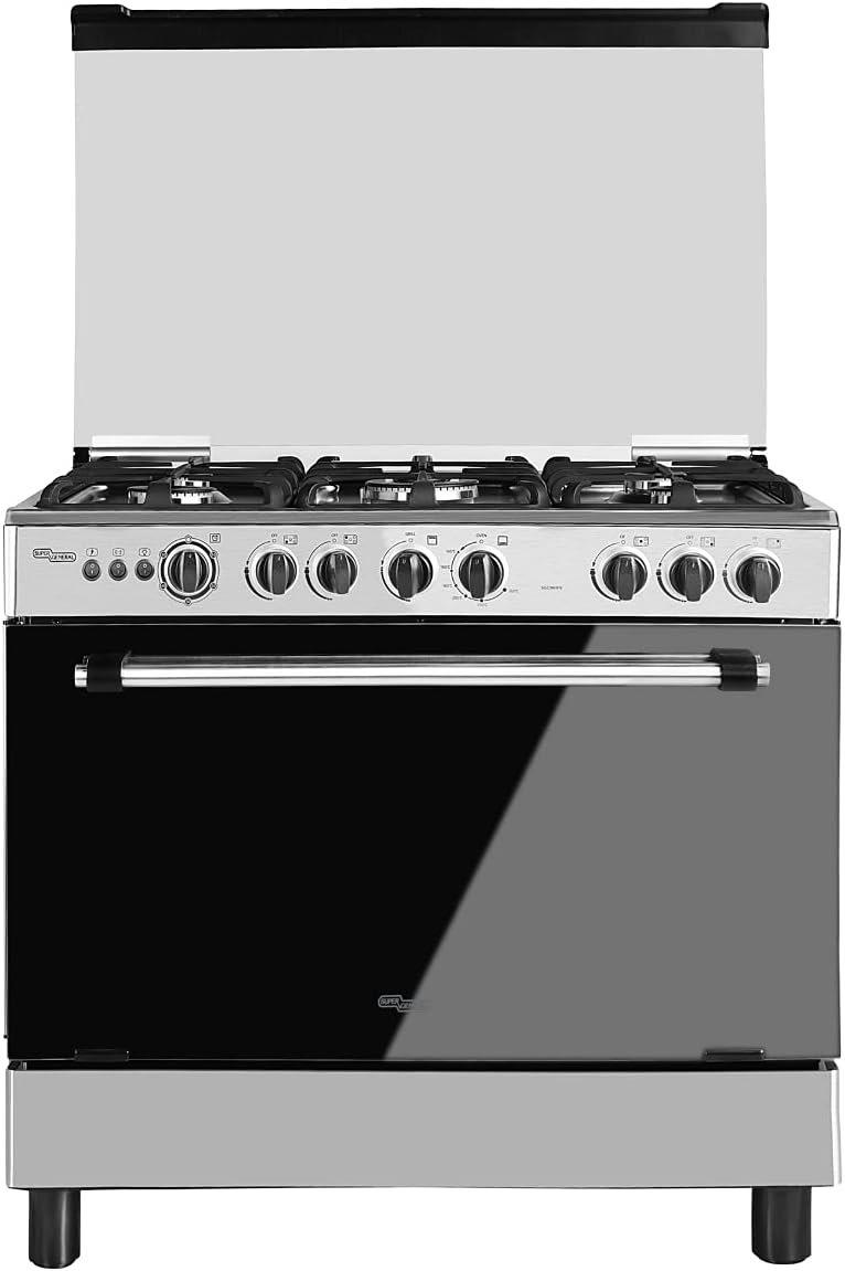 Super General 90 x 60 cm Freestanding Gas Cooker SGC901FS, 5-Burner Full-Safety, Auto Ignition, Cast Iron Grid, Gas Oven & Grill with Rotisserie, Wok Burner,Glass Top Lid, 90x58x76.9cm (WxDxH), Silver