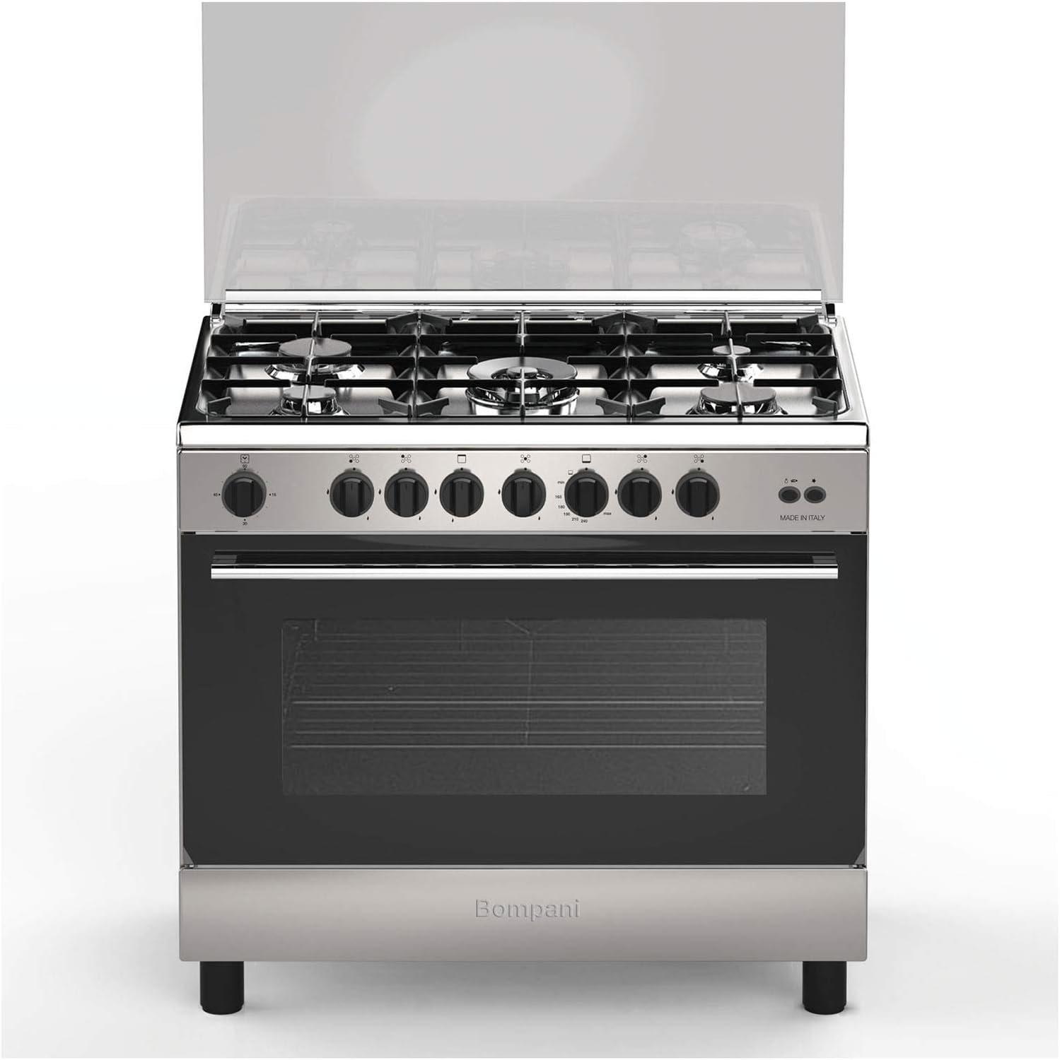 Bompani Gas Cooker Stainless Steel 90x60 5 Gas Burners Fan Gas Oven Cast Iron Grids Full Safety Essential - ESSENTIAL90GG5TCFAN