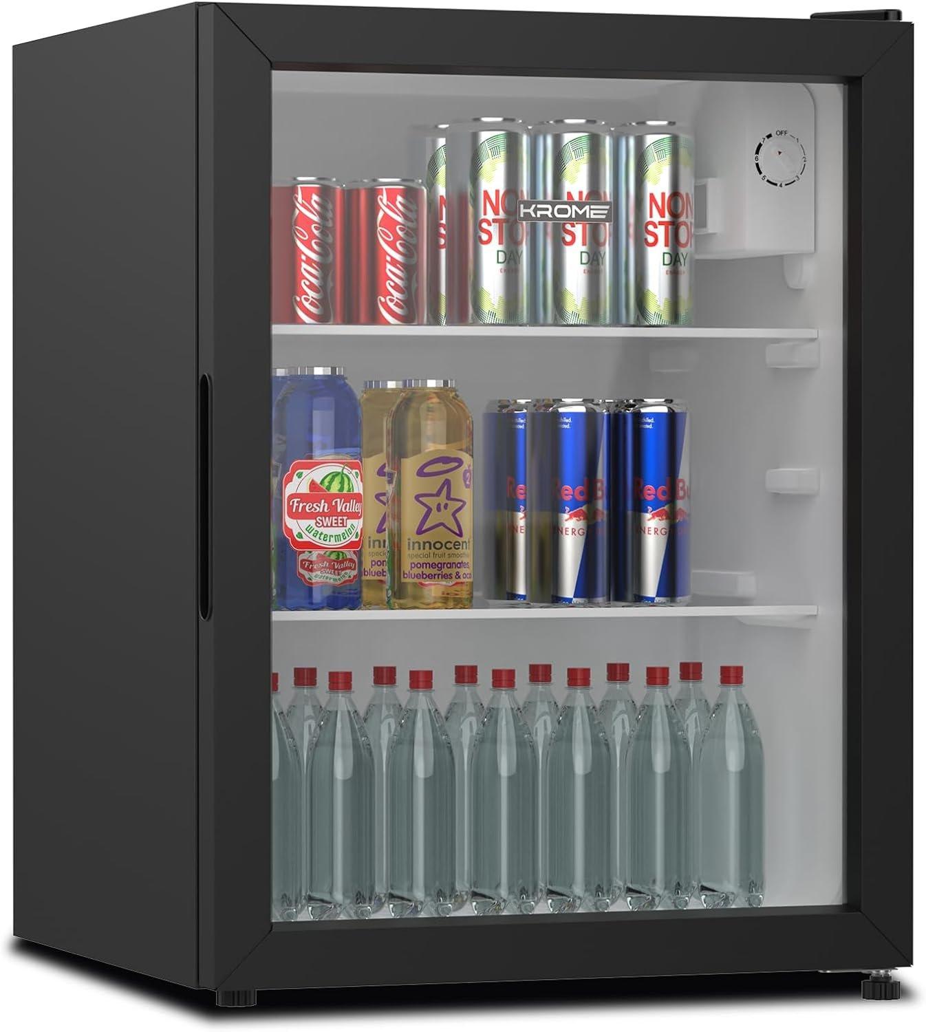 Krome Beverage Cooler, 90 L, Compact Design, Free Standing, Single Door, 2 Glass Shelves, Adjustable Feet, Mechanical Temperature Control, Environment-Friendly R600a, Black - KR-BC 90DM