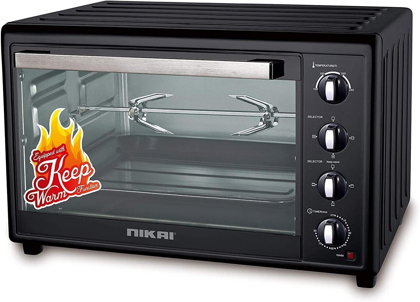 Nikai 120 Litre Double Glass Electric Oven, Multifunction Toaster Oven With Convection Fan & Rotisserie, Keep Warm Function For Toasting/Baking/Broiling, NT1201RCAX, Black, 2 Years Warranty