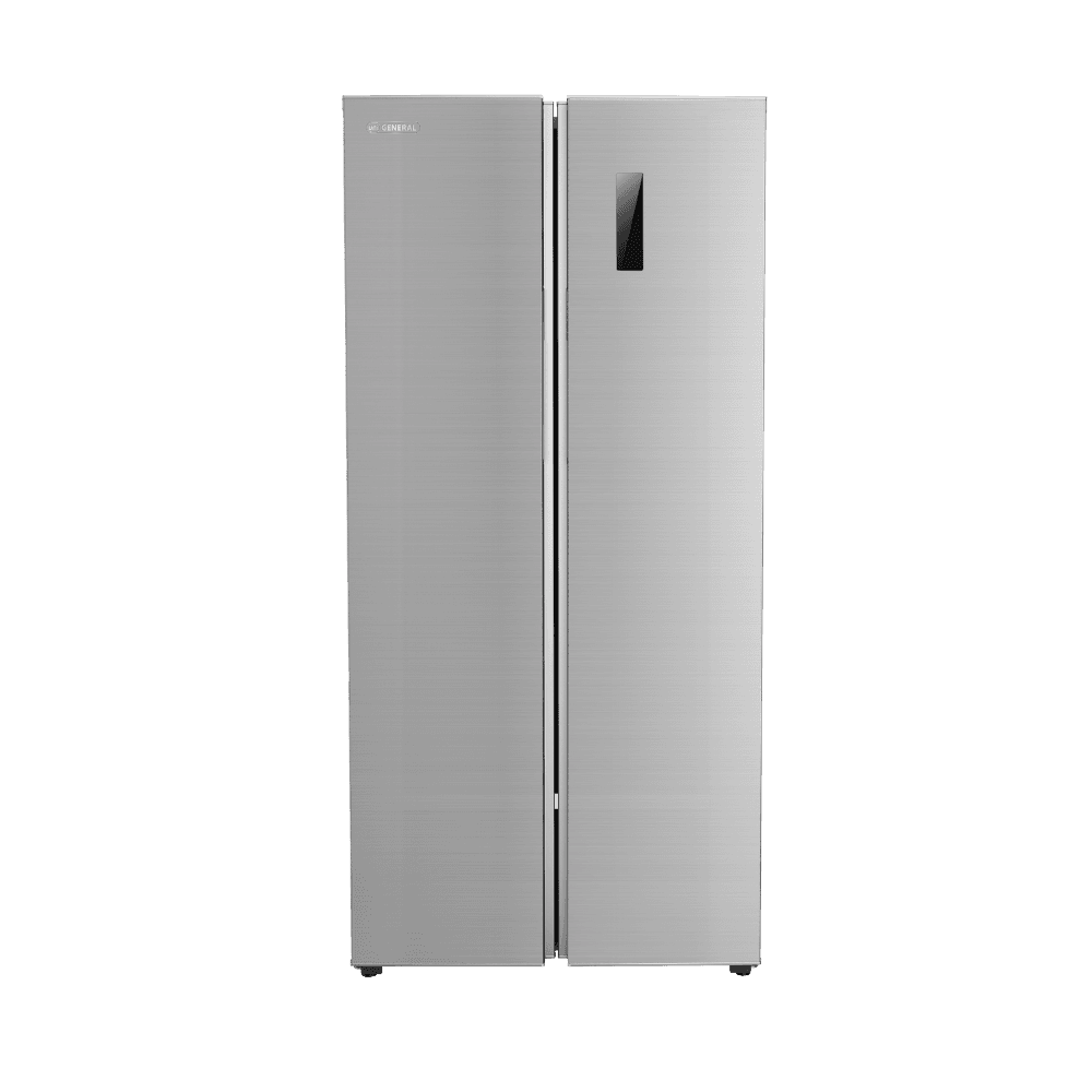 UniGeneral 427Litre Side-by-Side Inverter Refrigerator (Inox) with Total No Frost and 4-Star efficiency. Offers 254L fridge + 173L freezer, recessed handle, interior lamp, 4 shelves & 4 door balconies per side, 1 crisper with cover, and 1 drawer. Uses eco-friendly R600a refrigerant; climate class - UG-SBS45L-ID