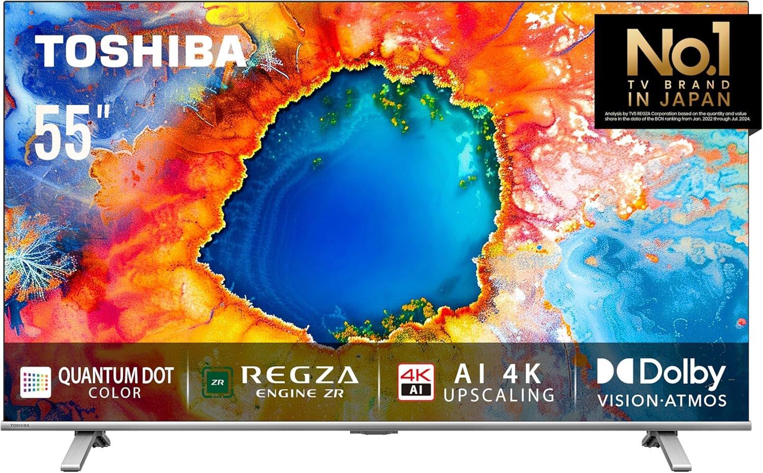 Toshiba 55 inch Native 60Hz VRR QLED Smart TV-Quantom Dot Colour, AI 4K Upscaling, Anti-tip Clip, REGZA Power Audio, Game Mode, Sports Mode, Ultimate Motion, Dolby Vision Atmos - 55C450MW
