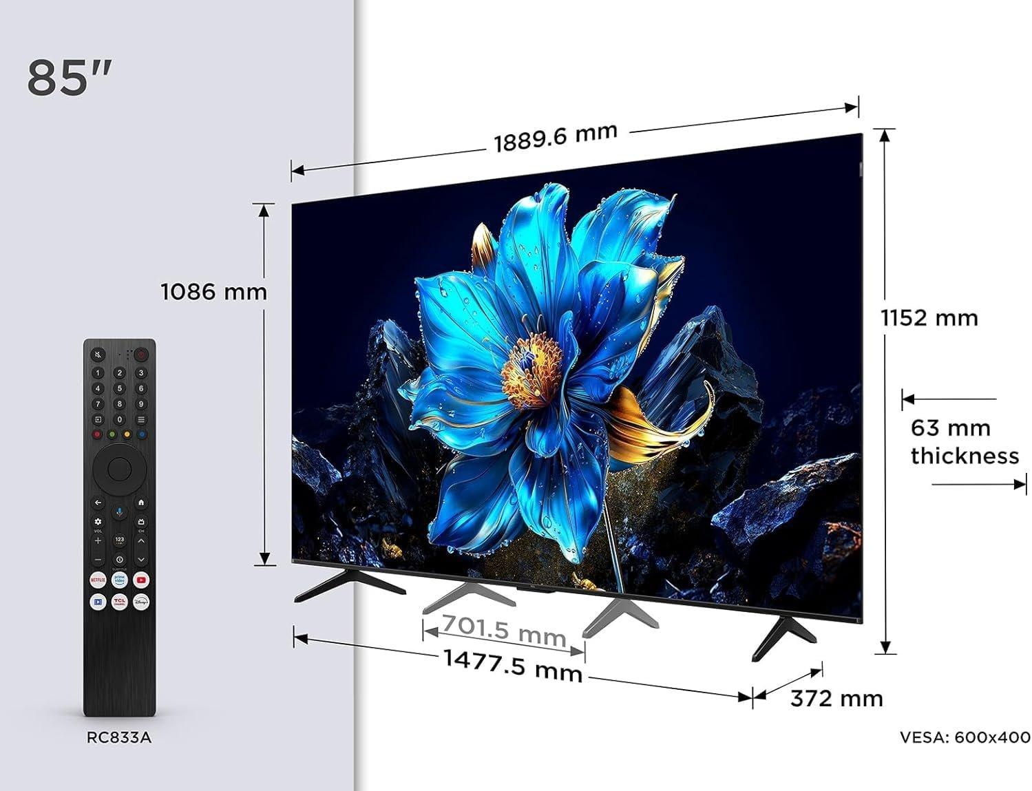 TCL 85P7K-UK 85" QLED 4K Ultra HD HDR Google TV (Google Assistant, Freeview Play, Dolby Atmos, Dolby Vision, HDR10+, 120Hz Game Accelerator, Motion Clarity