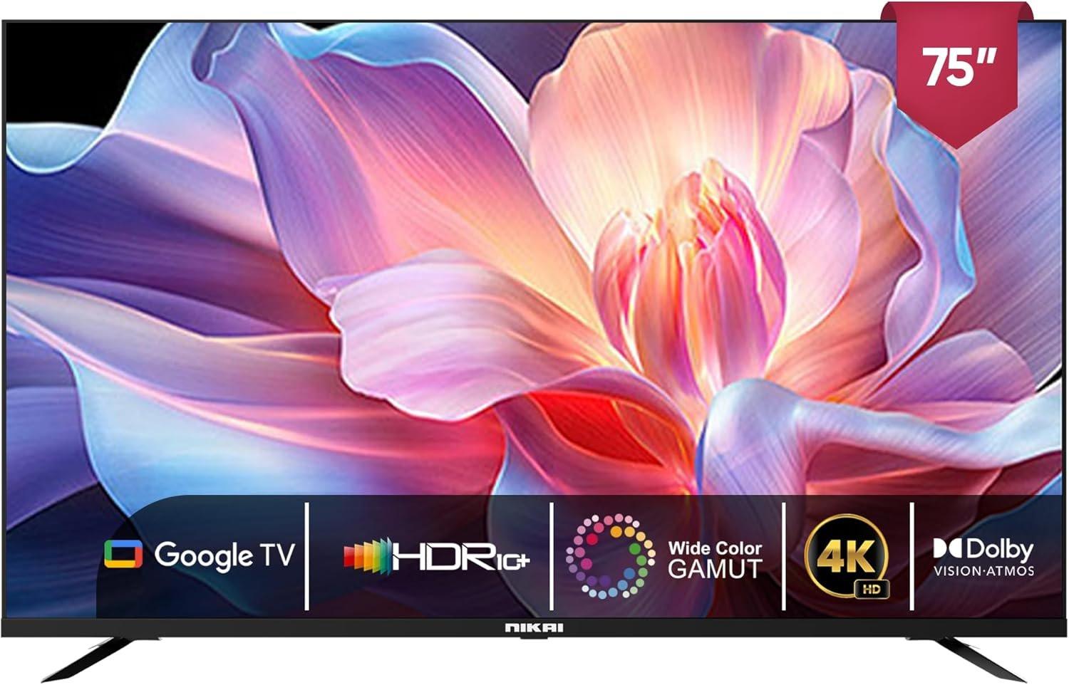 Nikai 75 Inch 4K Ultra HD Smart Google TV, Hands Free Voice Control, Game Master, Dolby Vision + Atmos, 4K HDR10+, Effortless Connectivity with Android & Apple devices - NIK75GOOGLE