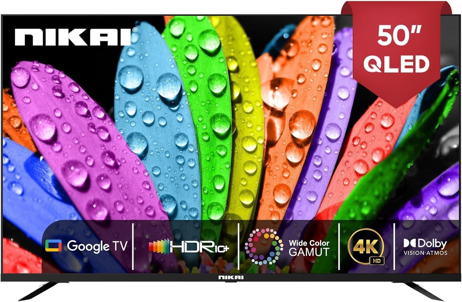 Nikai 50 Inch 4K QLED Ultra HD Smart Google TV, Hands Free Voice Control, Game Master, Dolby Vision + Atmos, 4K HDR10+, Effortless Connectivity with Android & Apple devices - NPROG50QLED