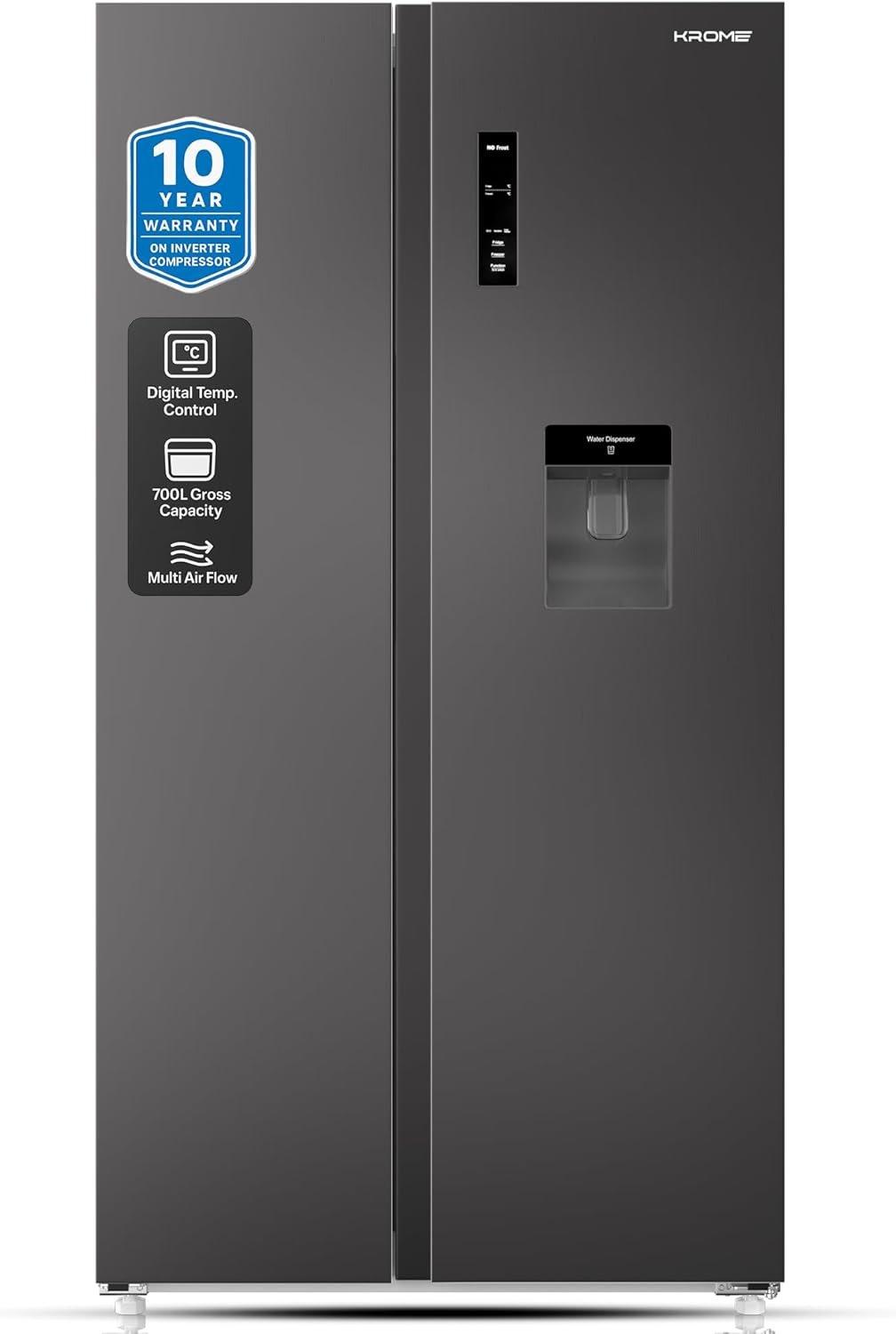 KROME 700Liters Gross Side by Side Refrigerator with Water Dispenser,Multi Air Flow,LED Display,Inverter Compressor,Door Alarm,No Frost,Twist Ice Maker,Black, 10 Year Compressor Warranty -KR-SBS 700WIM